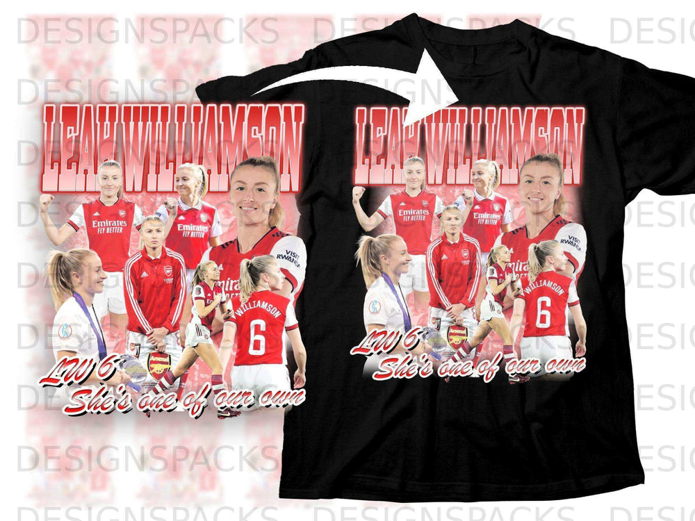 Arsenal women's football shirt with player Leah Williamson, "She's one of our own".