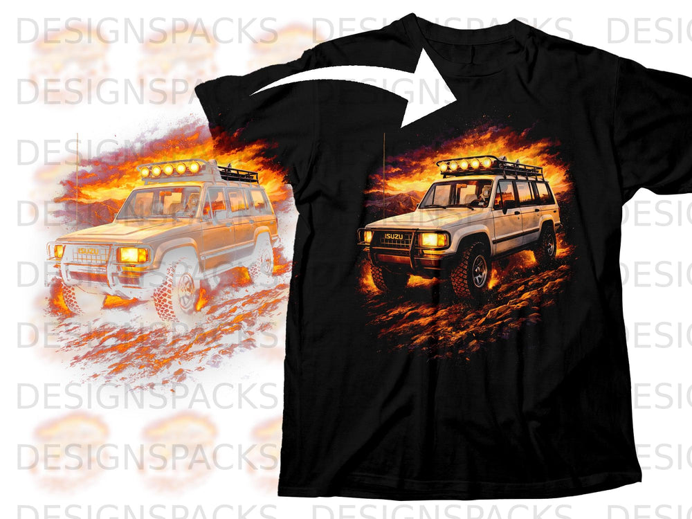 Black t-shirt with graphic of white Isuzu SUV driving through fiery terrain.