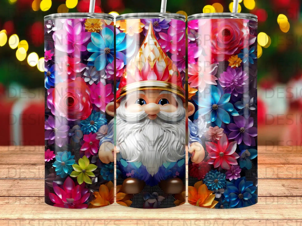 Gnome with flowers and colorful, abstract background.