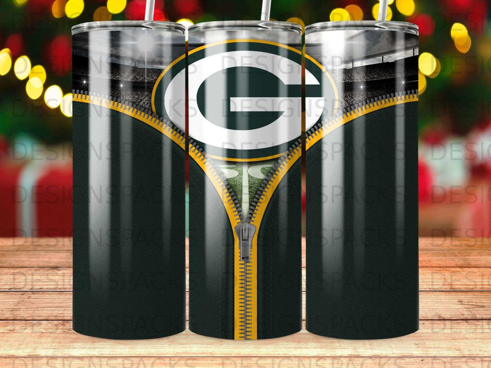 Green Bay Packers stadium zipper design on a tumbler.