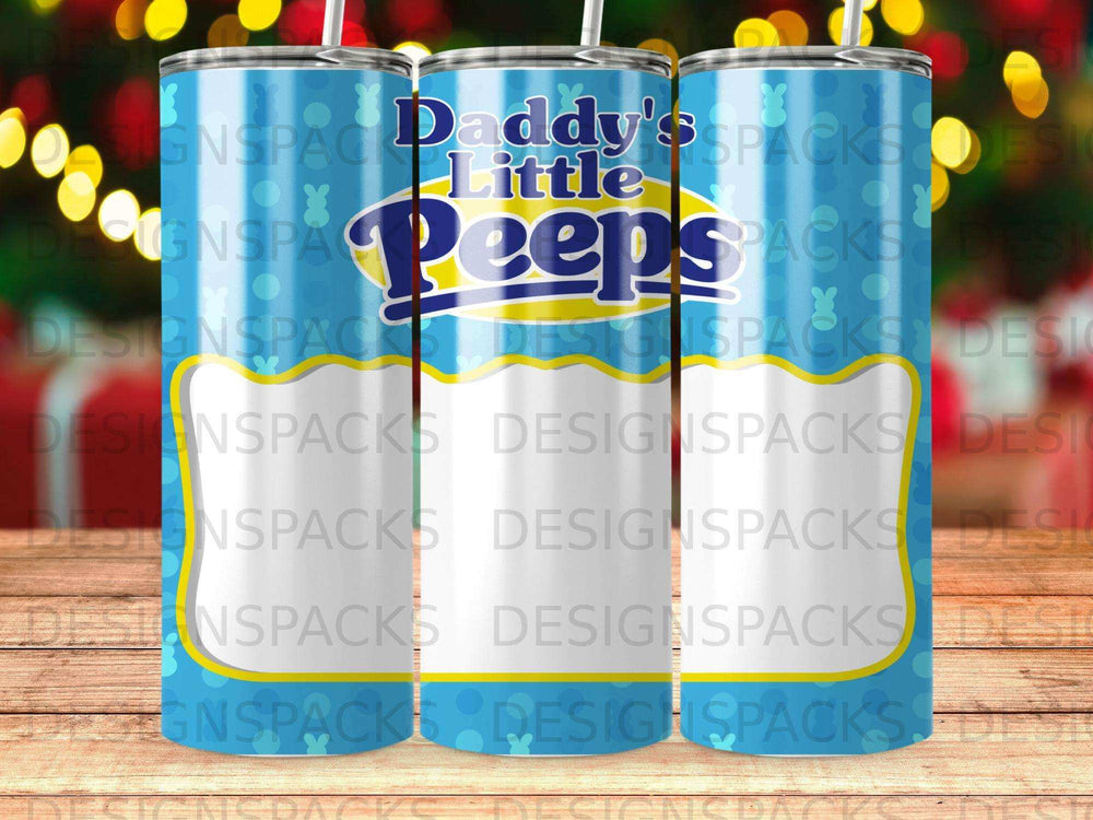 Blue tumbler with "Daddy's Peeps" text and yellow Peeps character graphics.