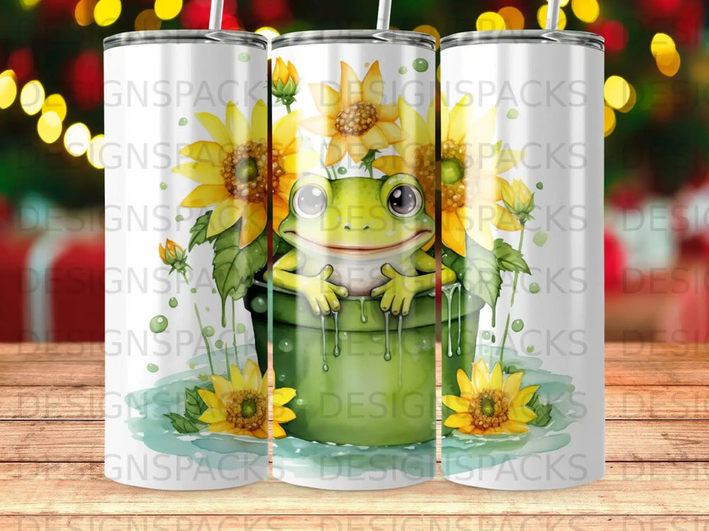 Frog peeking from a bucket surrounded by sunflowers and water.