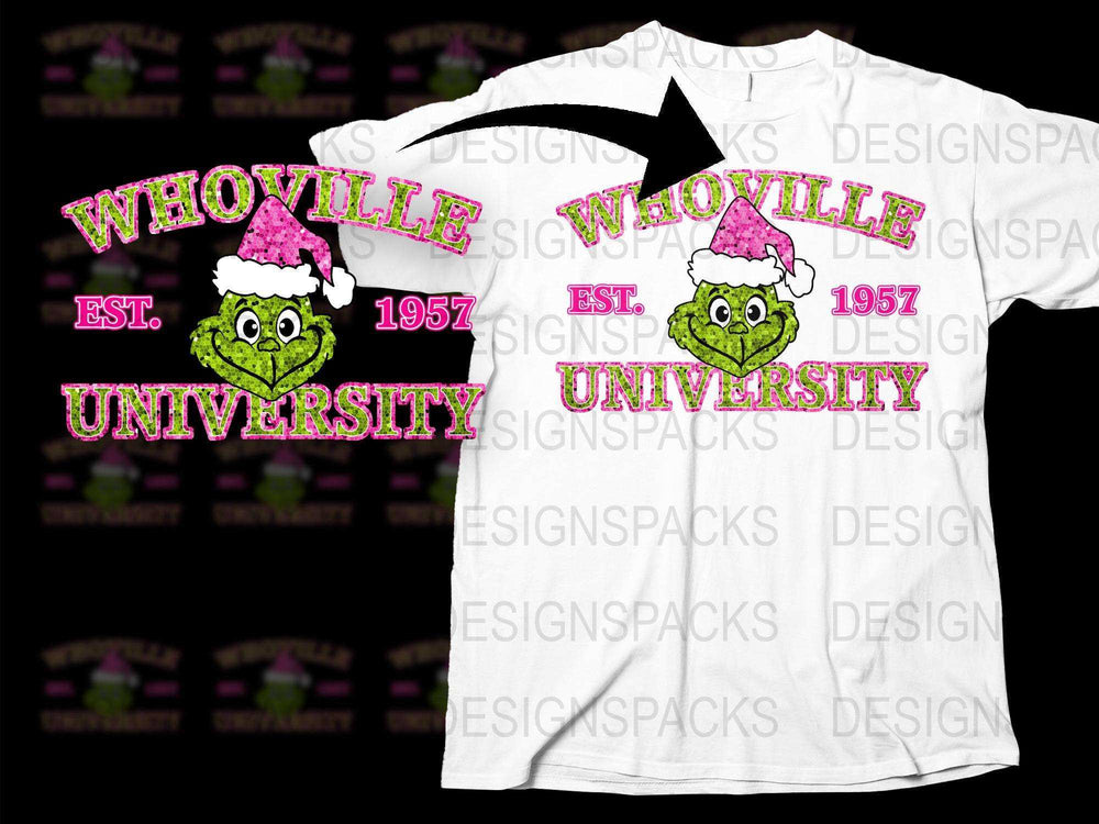Whoville University T-Shirt, Christmas Movie Inspired, Funny Holiday Shirt, Grinch Face, Gift Idea, 1957 Vintage Style Tee