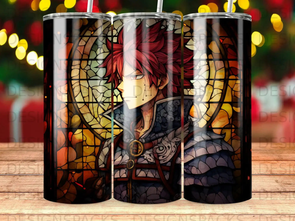 Anime character with red hair and armor against stained glass background.