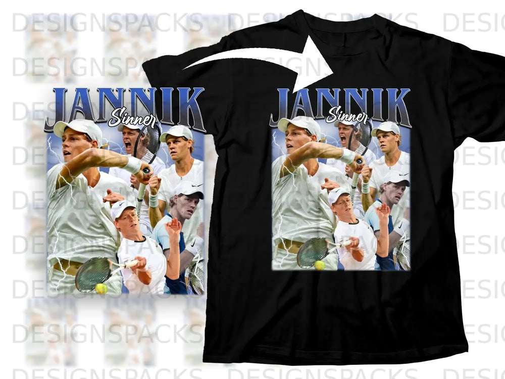 Tennis player Jannik Sinner graphic on black t-shirt.