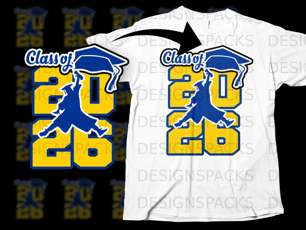 "Class of 2026" design with graduation cap and figure on a white t-shirt.