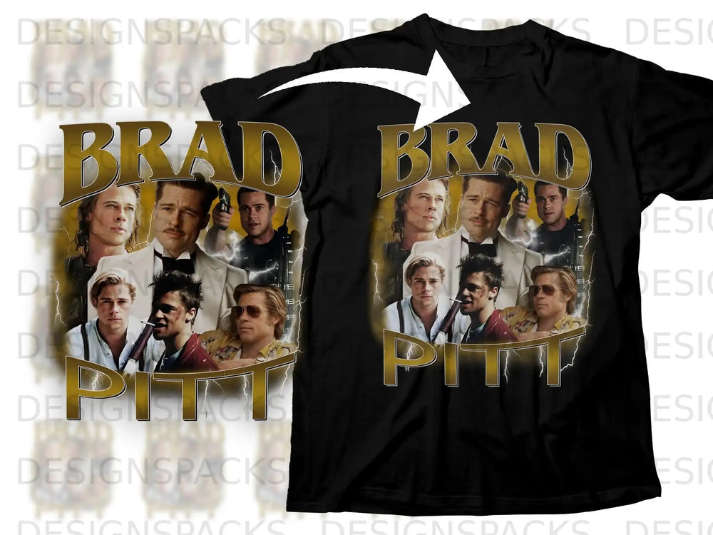 Black t-shirt with Brad Pitt montage graphic and text.