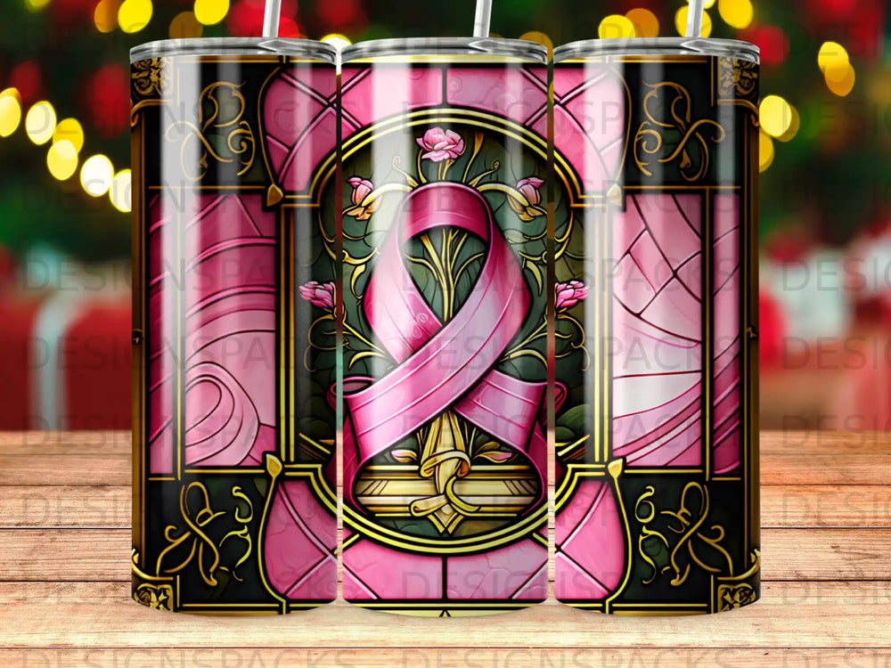 Pink ribbon design with ornate gold borders and stained glass effect.