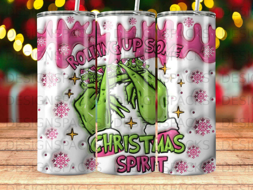 Green Grinch-like character holding Christmas tree and snowflakes, "Rolling Up Some Christmas Spirit."
