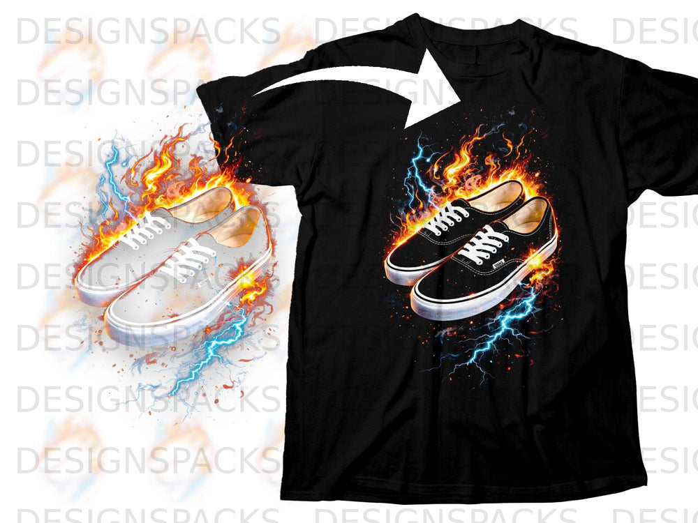 Black t-shirt with a graphic of black Vans shoes engulfed in flames and lightning.