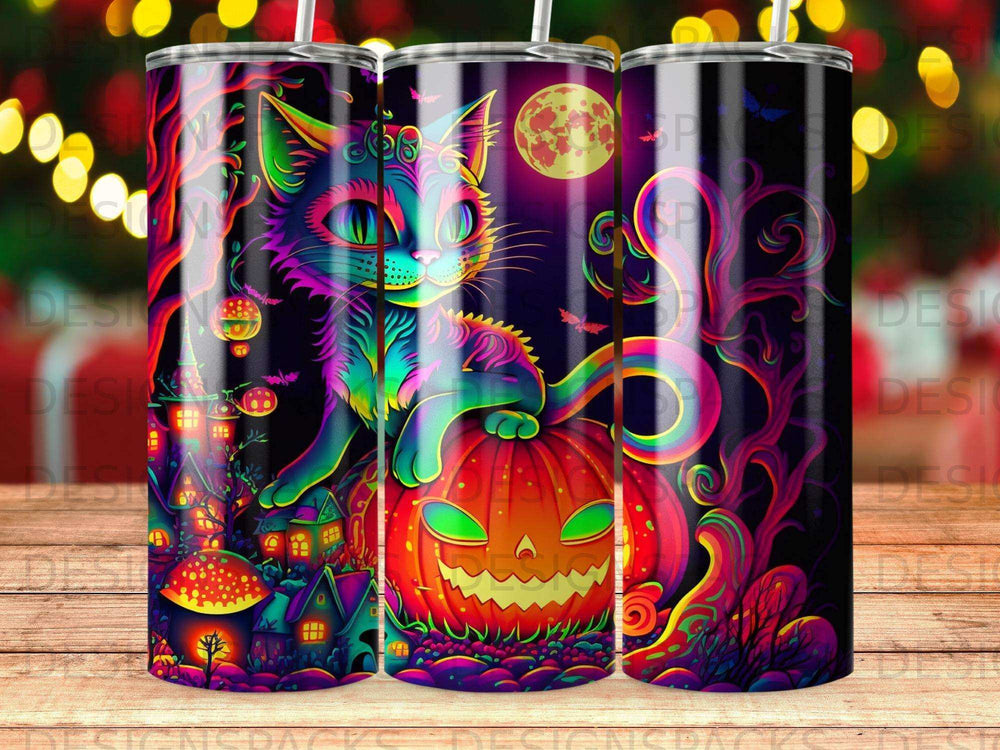 Colorful cat on grinning pumpkin, surrounded by whimsical Halloween village and full moon.