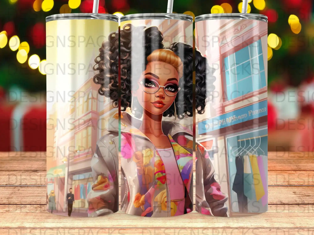 Woman with curly hair in a colorful jacket, standing in front of a store window.