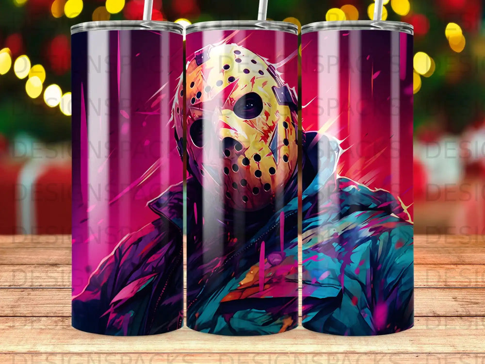 Jason Voorhees mask and jacket design on a tumbler.