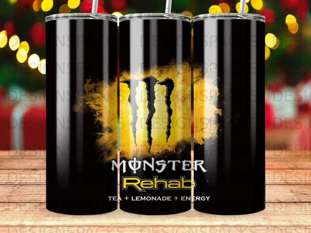 Black tumbler with Monster Rehab Tea + Lemonade logo.