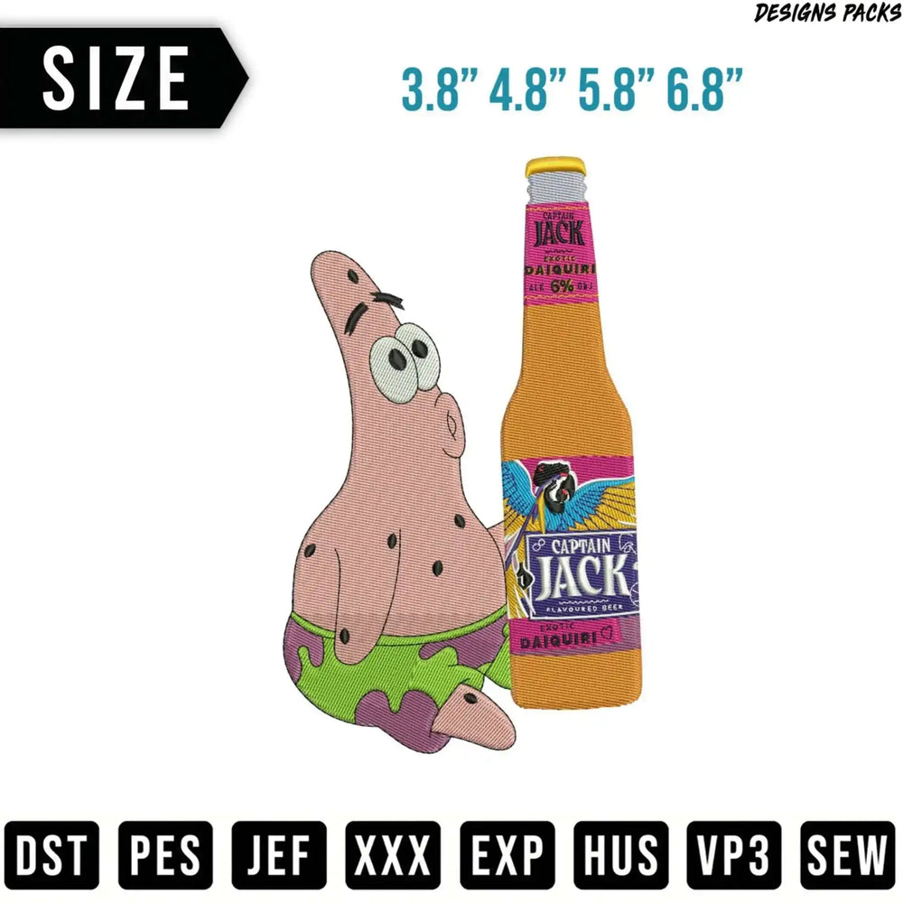 Patrick Star next to a bottle of Captain Jack Exotic Daiquiri flavored beer.