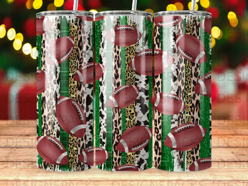 Tumbler with footballs, leopard print, and green stripes.