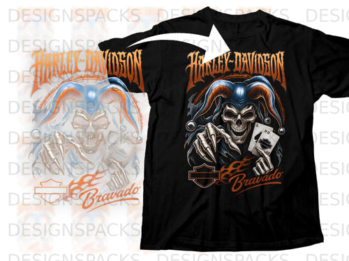Black t-shirt with a Harley-Davidson skull jester graphic holding cards and flames.
