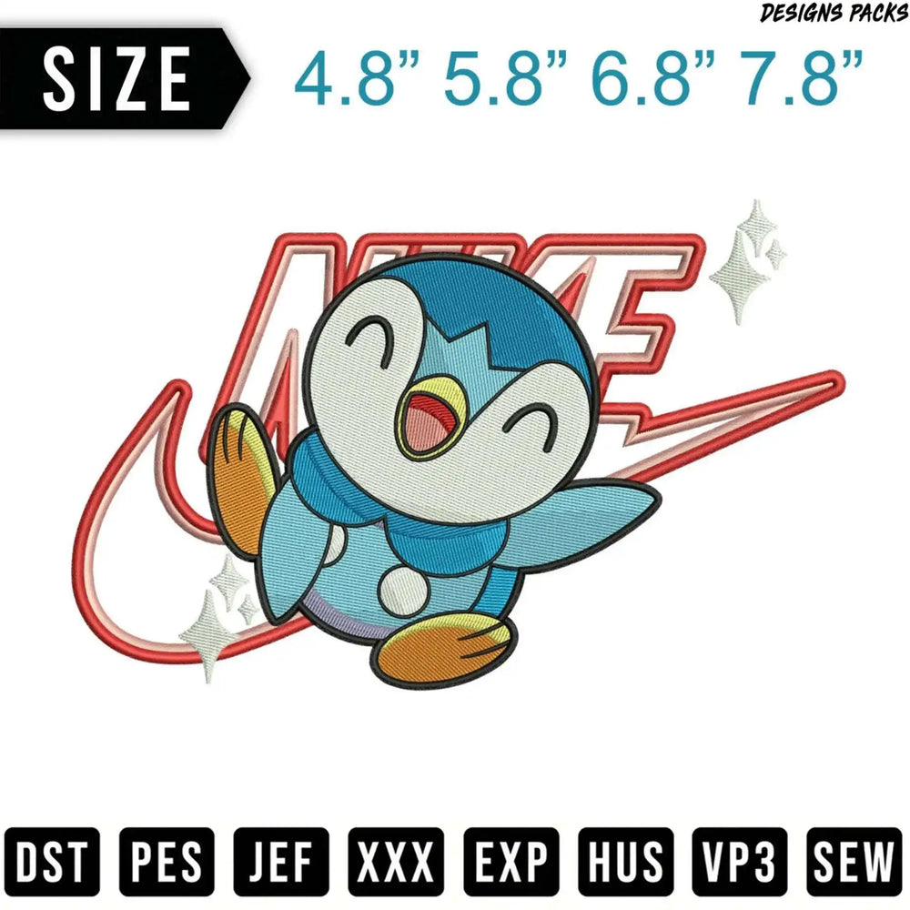 Embroidery design of Piplup with Nike logo and size options.