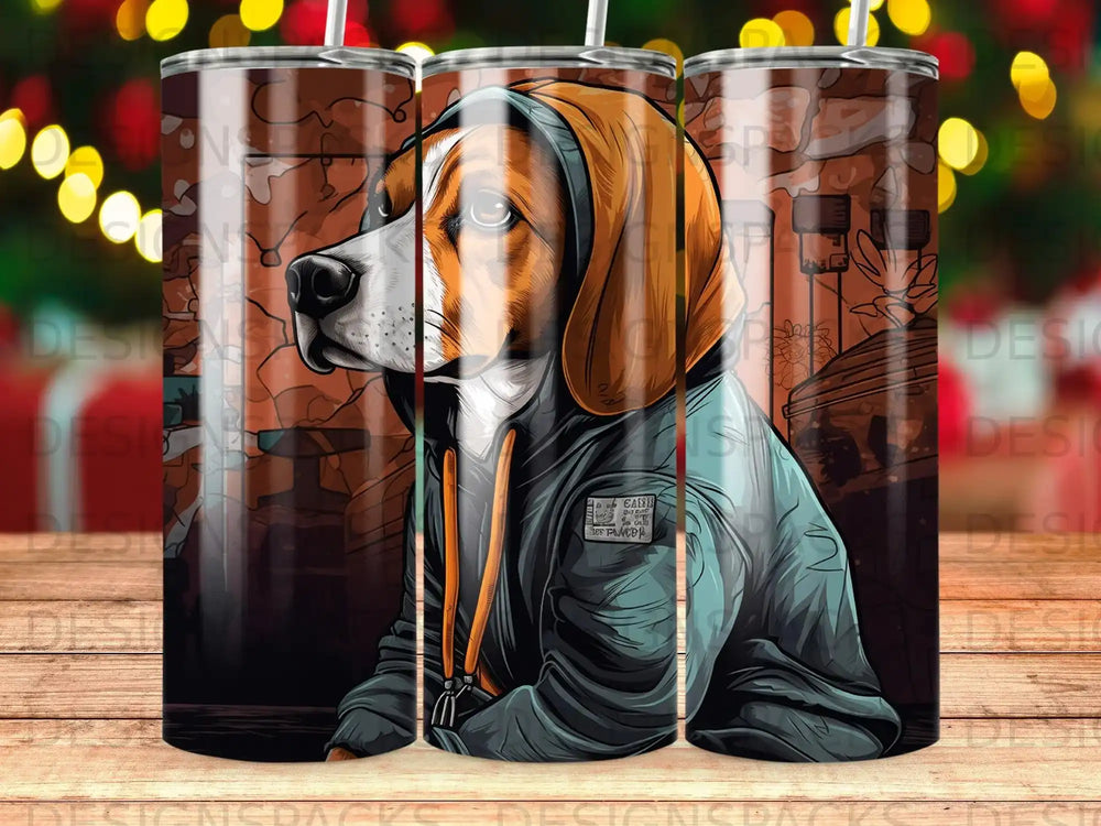 Beagle dog wearing a hooded jacket with "Chill Pup" text.