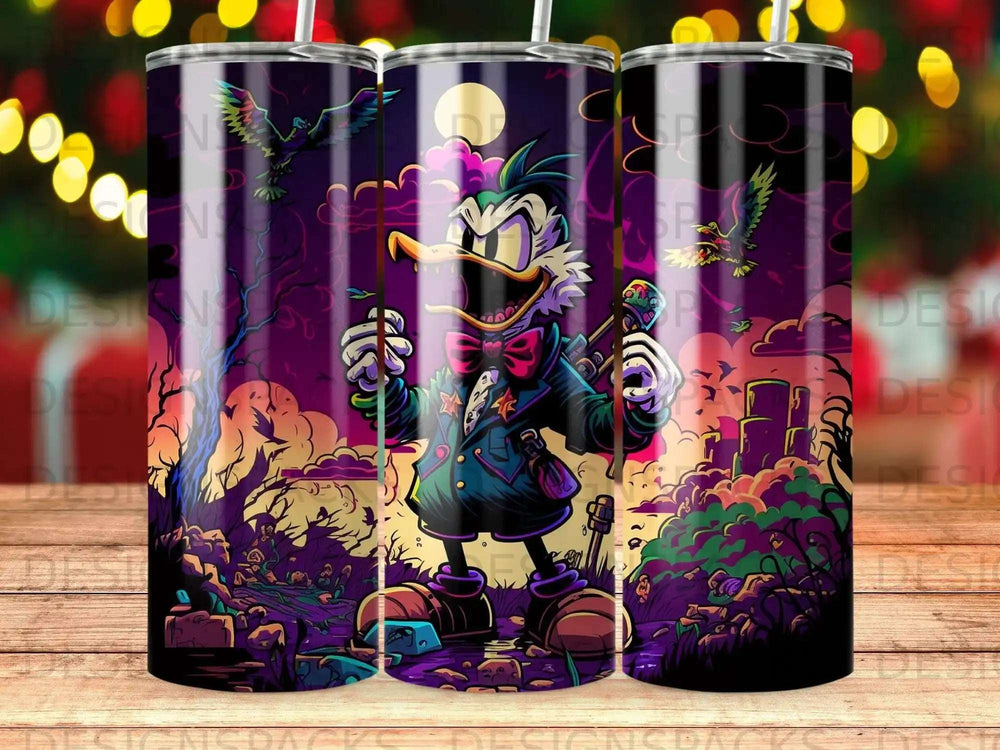 Scrooge McDuck character in a dark, moody landscape with city buildings in the background.