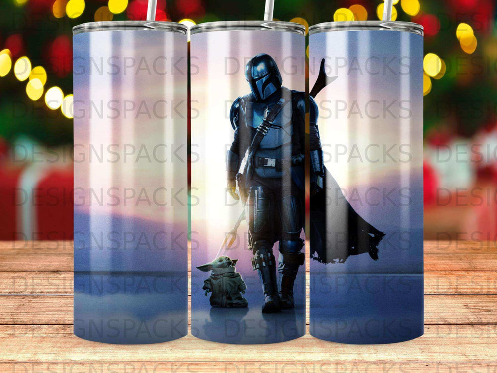 The Mandalorian and Grogu stand against a blurred, festive background.