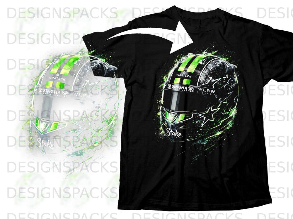Black t-shirt with a green and black racing helmet graphic featuring logos.
