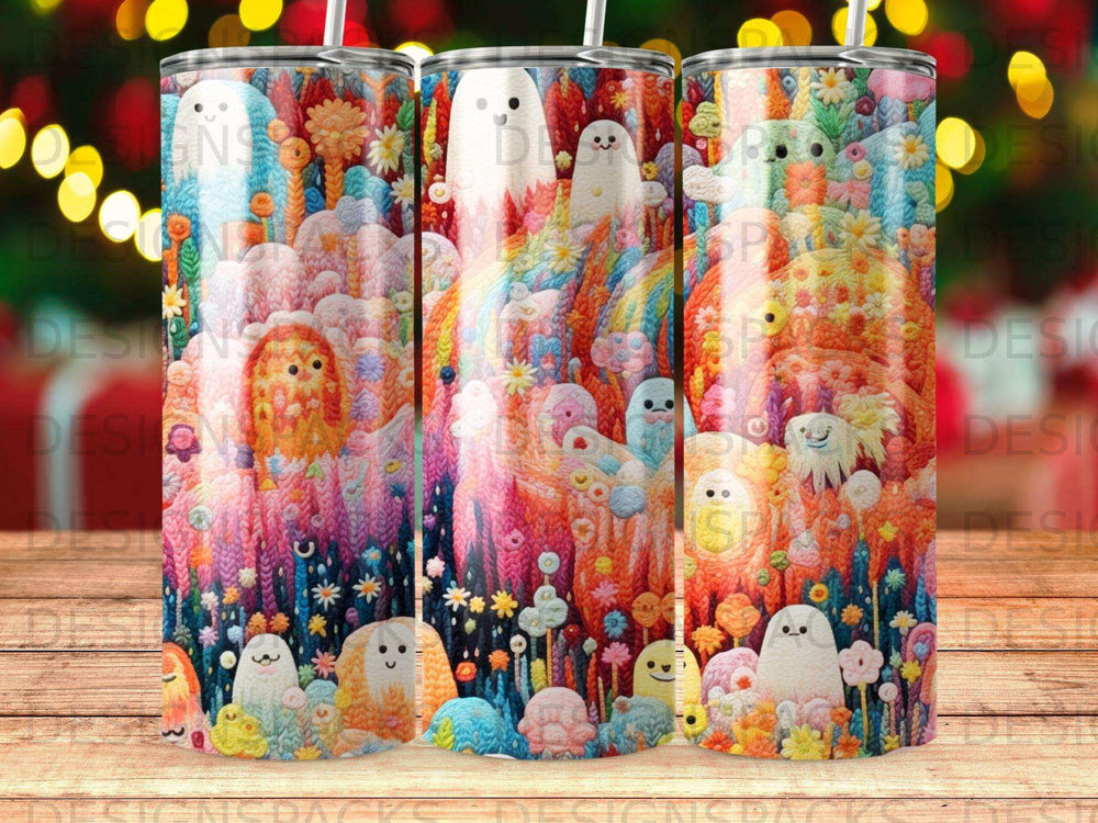 Whimsical ghost characters and colorful flowers on a tumbler.