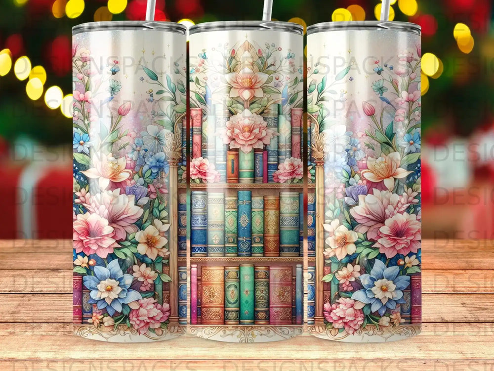 Floral bookshelf design on three tumblers with blurred bokeh background.