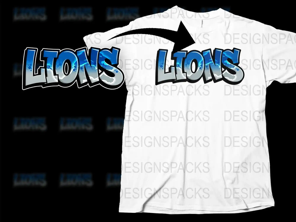 Graphic Lions Text T-Shirt, Bold Blue Print, Urban Style Tee, Unisex White Shirt
