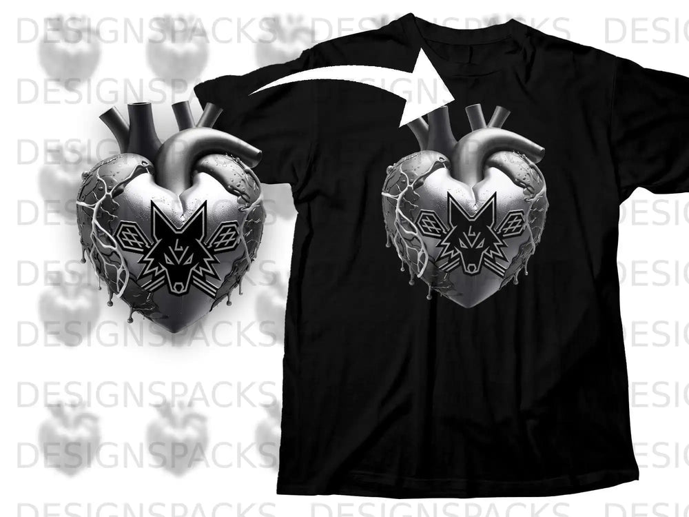 Black T-shirt with Metallic Heart and Wolf Print Design