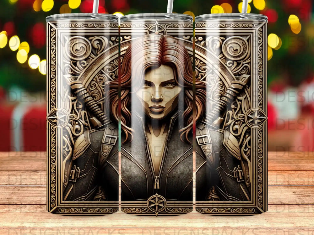 Black Widow character art on a tumbler with decorative metallic borders.