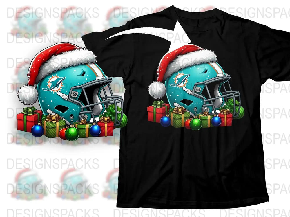 Miami Dolphins Christmas T-Shirt, Santa Hat Football Helmet, Festive Holiday Apparel, Sports Fan Gift Idea