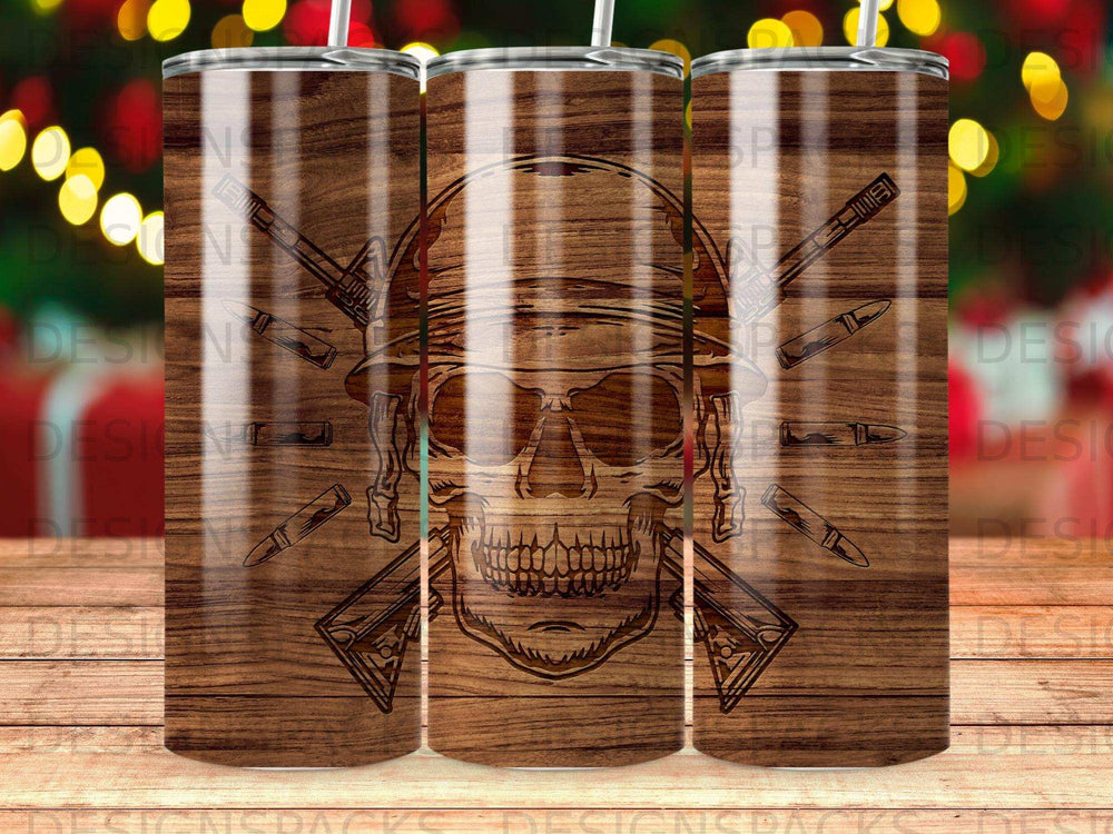 Wooden background with a skull and crossed rifles graphic.
