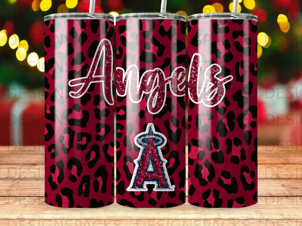Red leopard print tumbler with glitter "Angels" logo and baseball cap symbol.