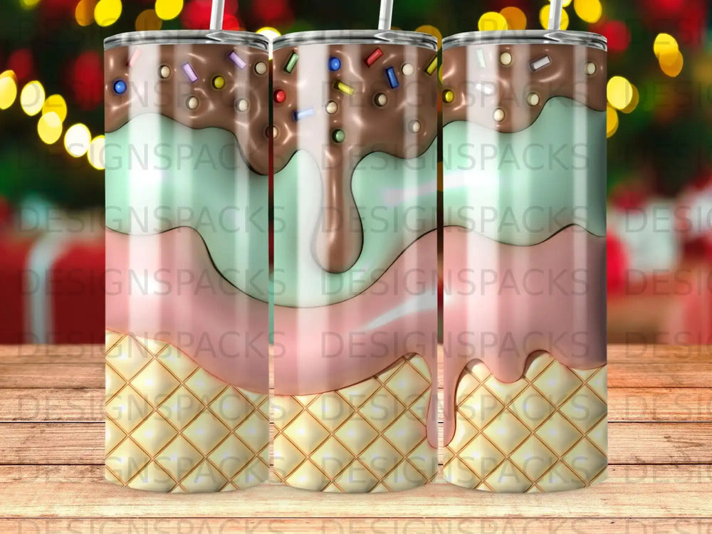Three tumblers with a chocolate, ice cream, and sprinkles design.