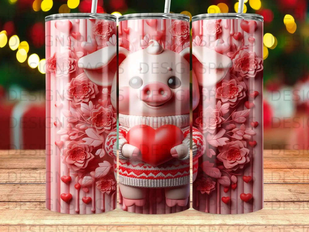 Pink pig with heart on sweater, surrounded by hearts and flowers.
