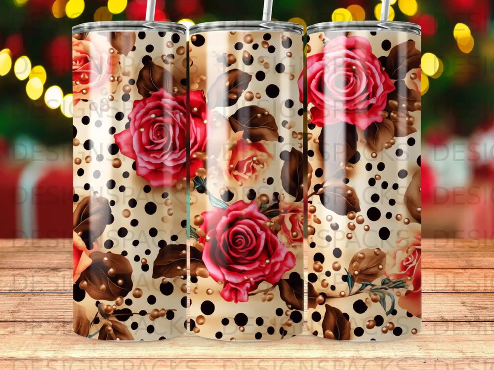 Red roses and gold beads on a polka dot background.