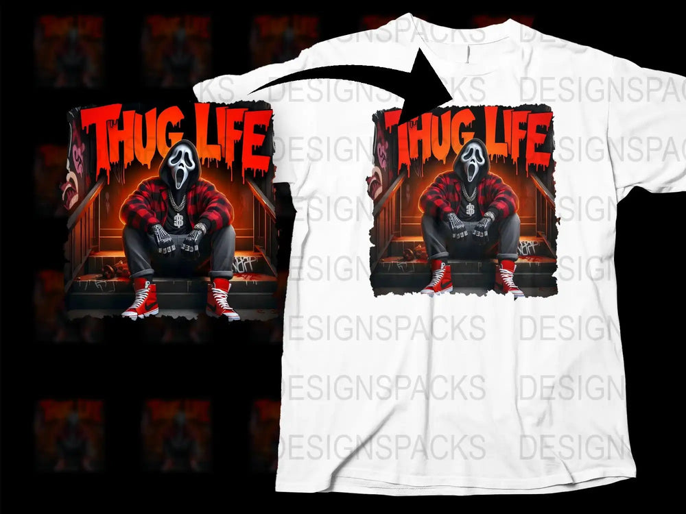 Thug Life Graphic T-Shirt, Urban Streetwear, Hip Hop Inspired, Bold Red and Black Colors, Men's Fashion Tee