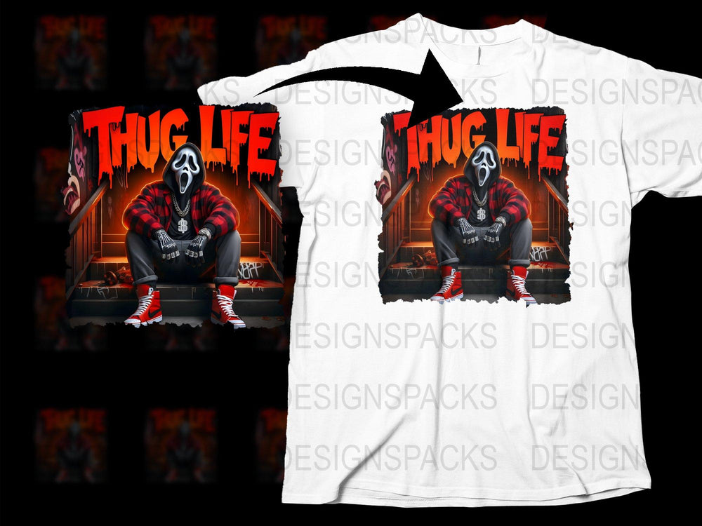 Thug Life Graphic T-Shirt, Urban Streetwear, Hip Hop Inspired, Bold Red and Black Colors, Men's Fashion Tee