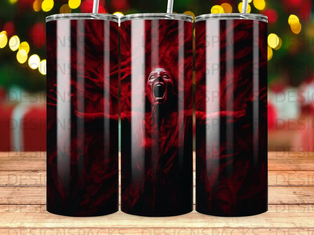 Abstract red and black design with screaming figure.