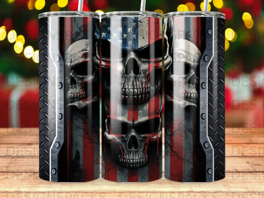 Skulls with American flag overlay on metallic tumbler.
