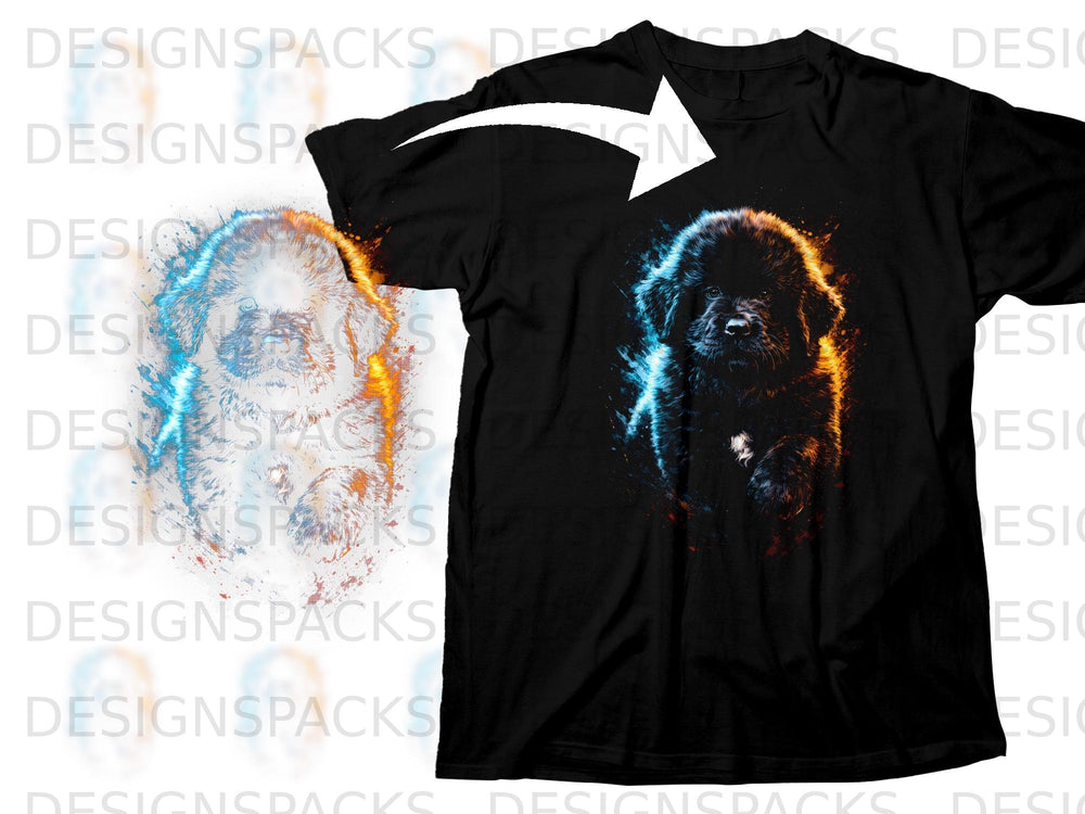 Black t-shirt featuring a fluffy black dog with a watercolor effect in blue and orange.