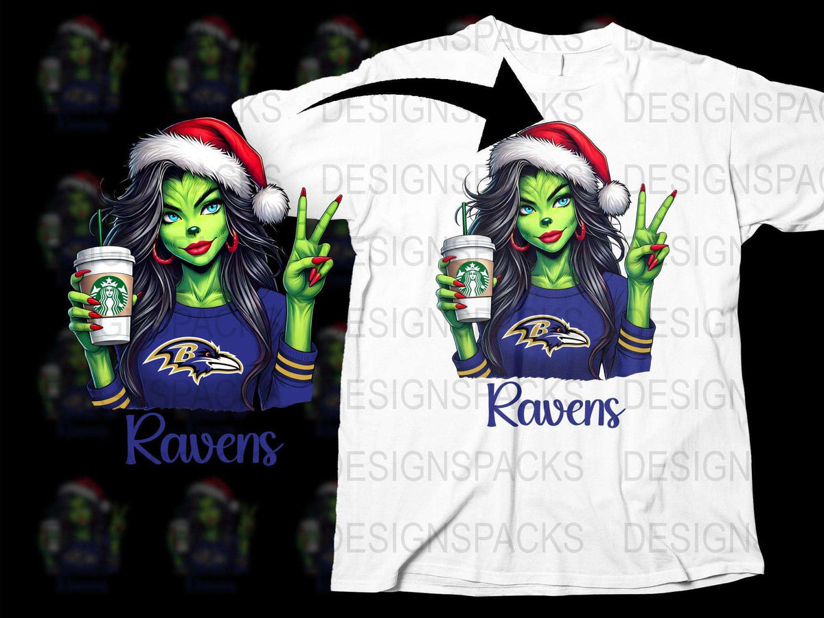 Baltimore Ravens Inspired Grinch Christmas T-Shirt, Festive Football Fan Apparel, Holiday Season Gift, Sporty Santa Hat Design