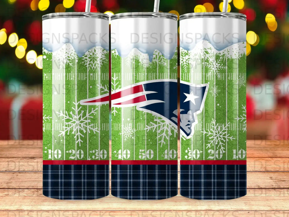 New England Patriots snowflake tumbler with football field design.