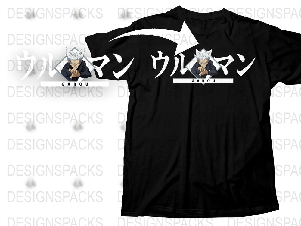 Garou Anime Graphic T-Shirt, Japanese Text, Cool Hero Hunter Design, Black Tee for Fans