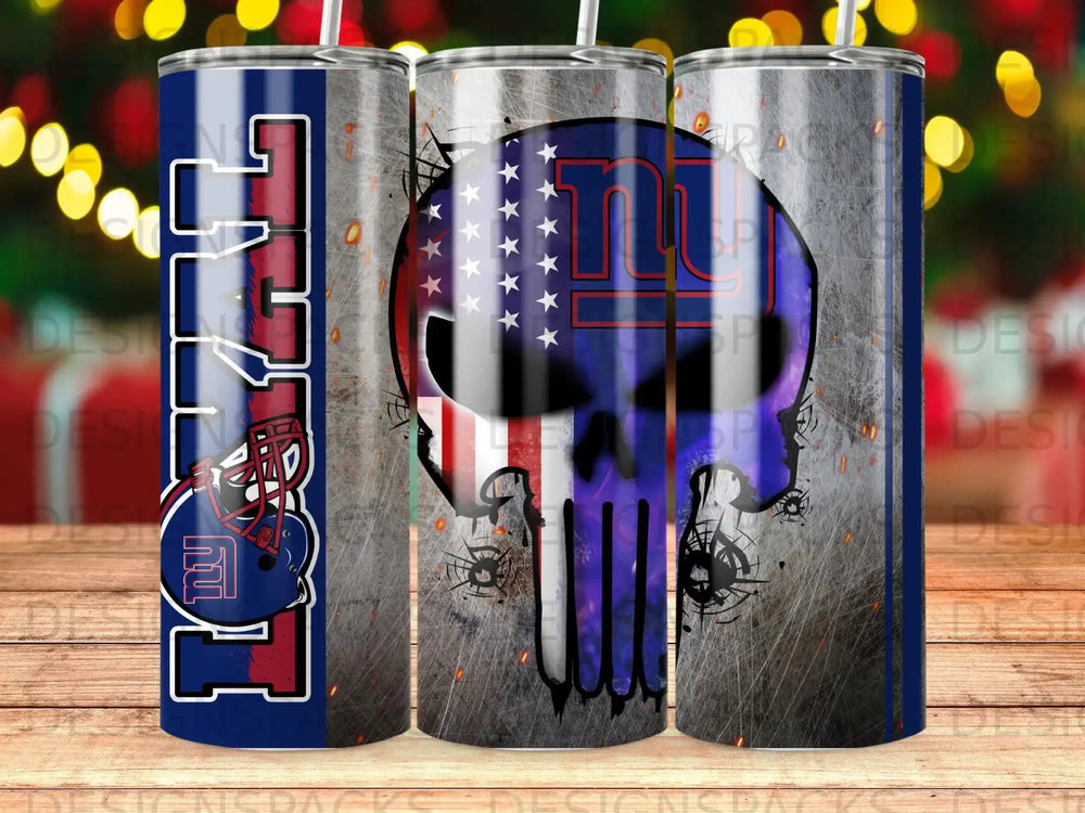 New York Giants skull with American flag on stainless steel tumbler.