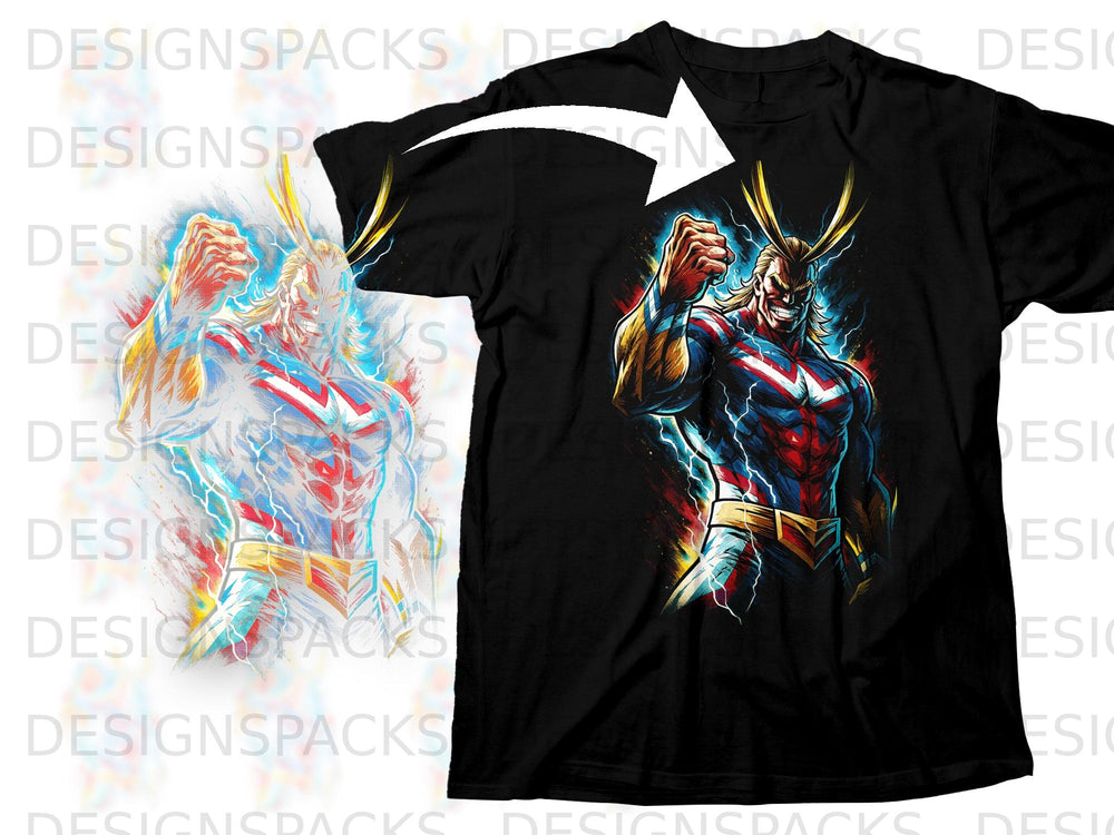 Black t-shirt featuring a vibrant All Might graphic with lightning effects.