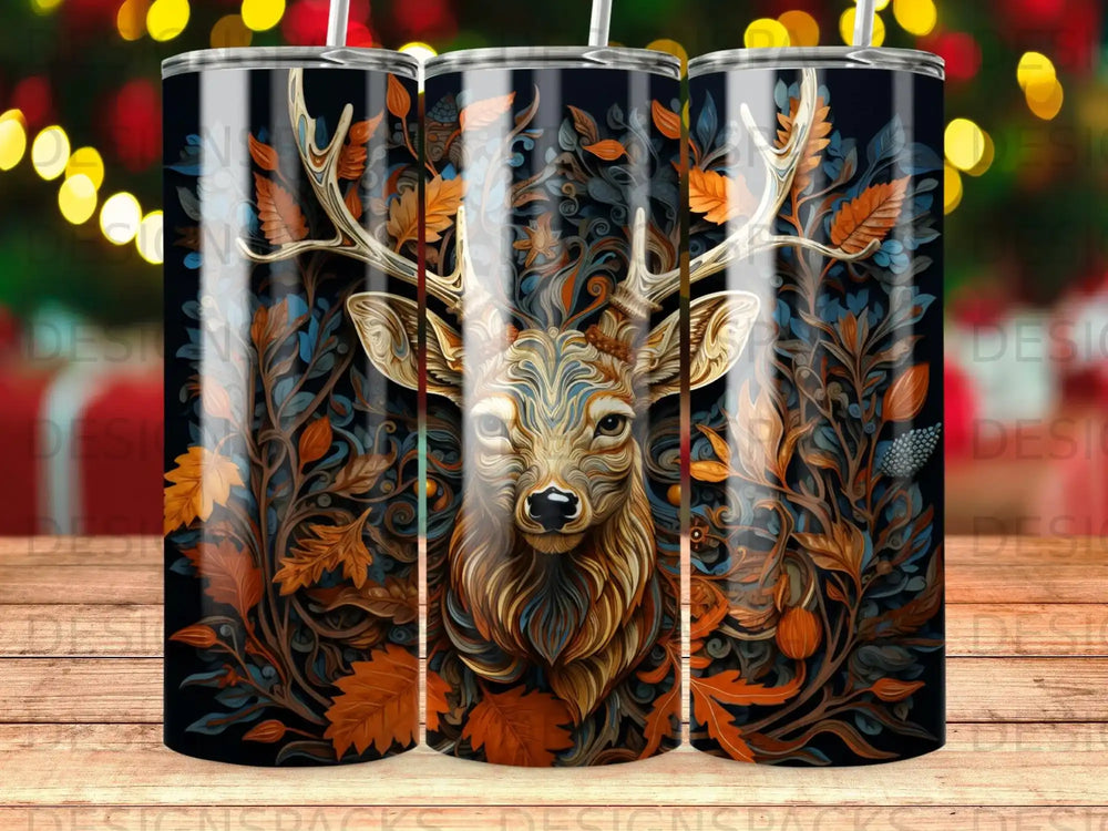 Deer head surrounded by autumn leaves and floral elements.