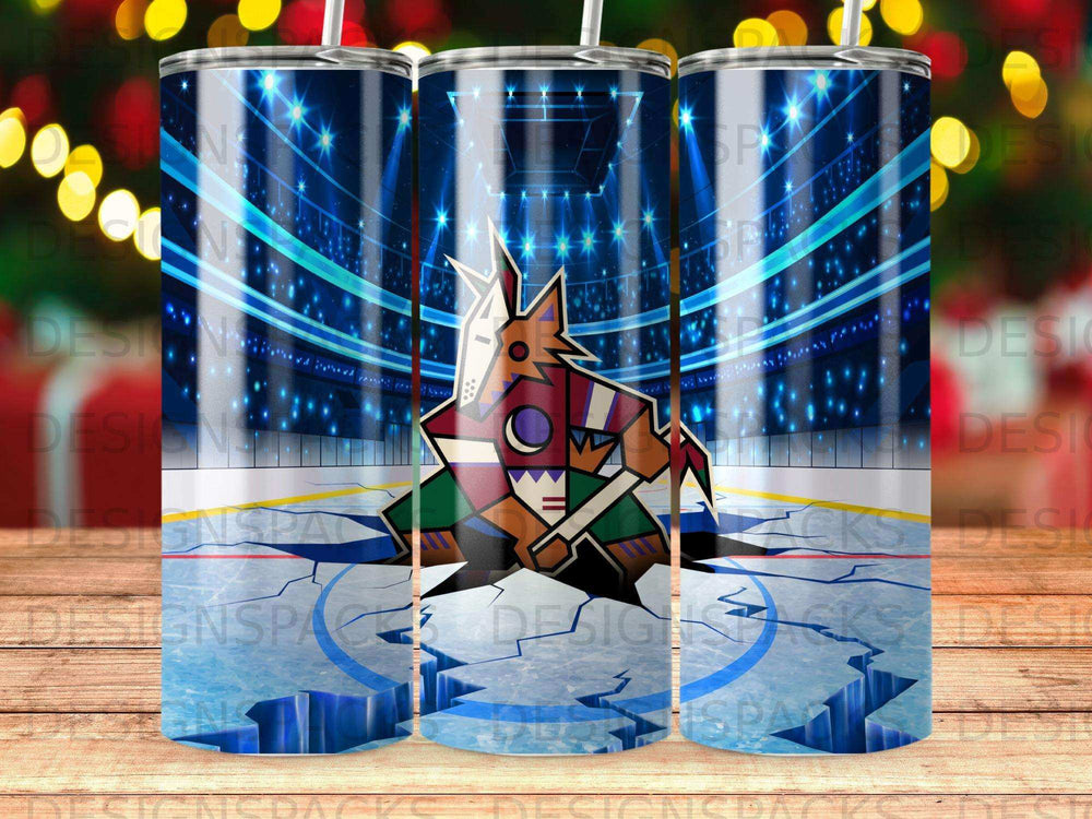 Coyote mascot on cracked ice rink with arena lights and scoreboard.