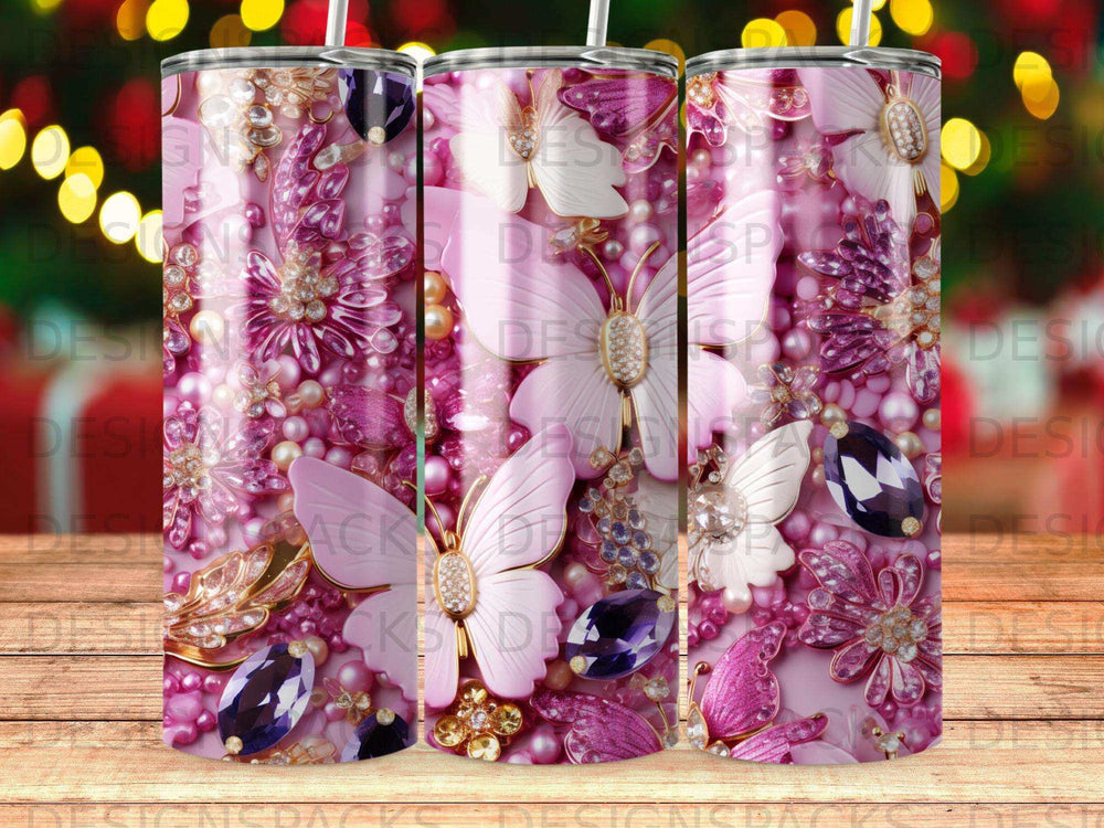 Pink butterflies, jewels, and flowers on a shimmering tumbler.